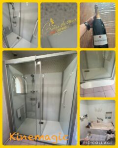 Douche accessible Kinemagic après rénovation salle de bain. Adaptation logement senior/handicap, Graine de genie. Bouteille Alfred Rothschild.