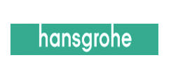 Logo Hansgrohe, texte blanc sur fond teal segmenté.