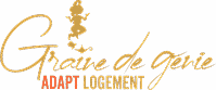 Logo Graine de génie ADAPT LOGEMENT, texte doré script avec figure et texte orange.