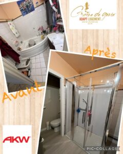 Avant/Après : rénovation salle de bain. Baignoire remplacée par douche accessible. Adapt Logement Graine de Genie, AKW.