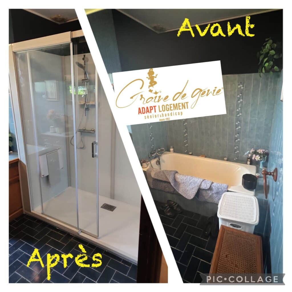 Comparaison avant/après rénovation salle de bain : baignoire remplacée par douche senior/handicap. Texte Avant/Après, logo Graine de genie Adapt Logement depuis 1993.