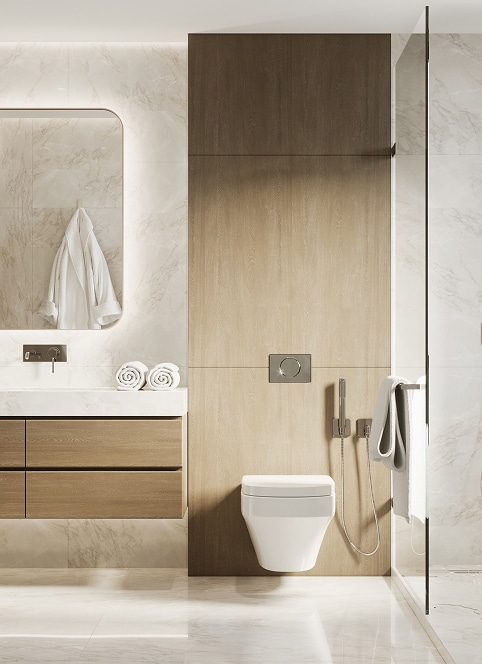 Salle de bain moderne minimaliste. Toilettes suspendues, bidet, meuble vasque en bois et marbre, miroir rétroéclairé, douche en verre.