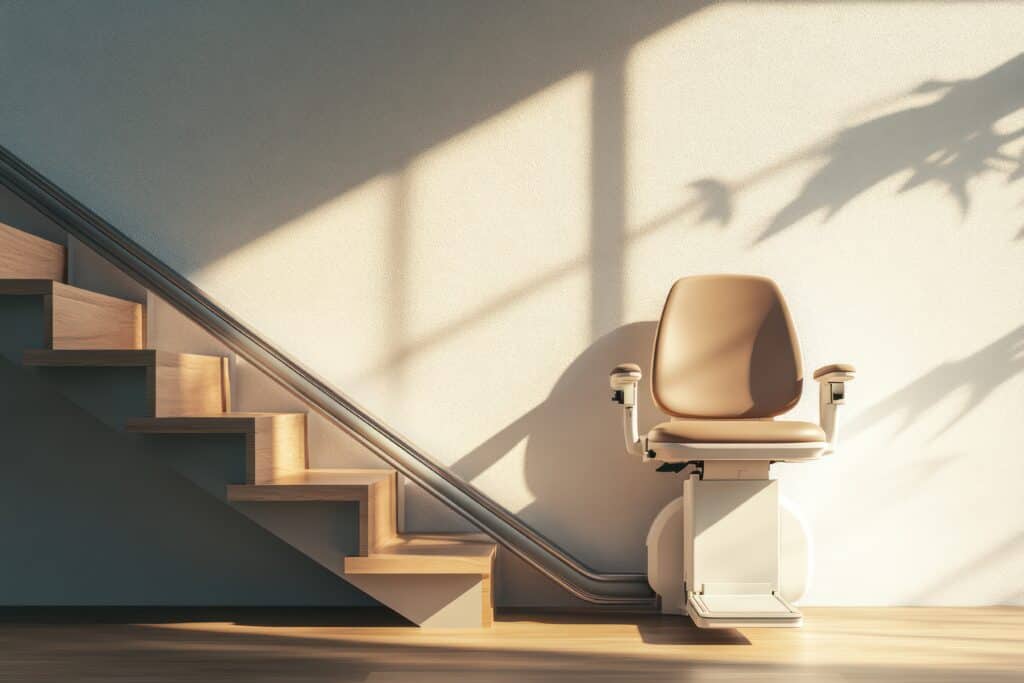 Monte-escalier moderne sur escalier en bois | Accessibilité maison. Escalier en bois moderne avec monte-escalier beige, baigné de lumière naturelle. Ombres d'une fenêtre sur le mur texturé.